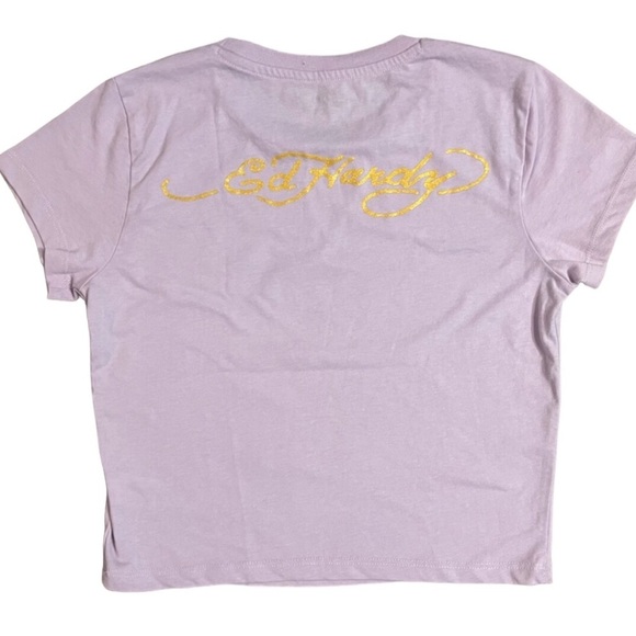 Ed Hardy lavender lilac Koi Fish graphic‎ print Crop tshirt size large new - Picture 3 of 3